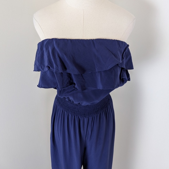 Jay Godfrey Silk Navy Jumpsuit Strapless Sleeveless Wide Leg Navy Long Onepiece - Picture 2 of 14